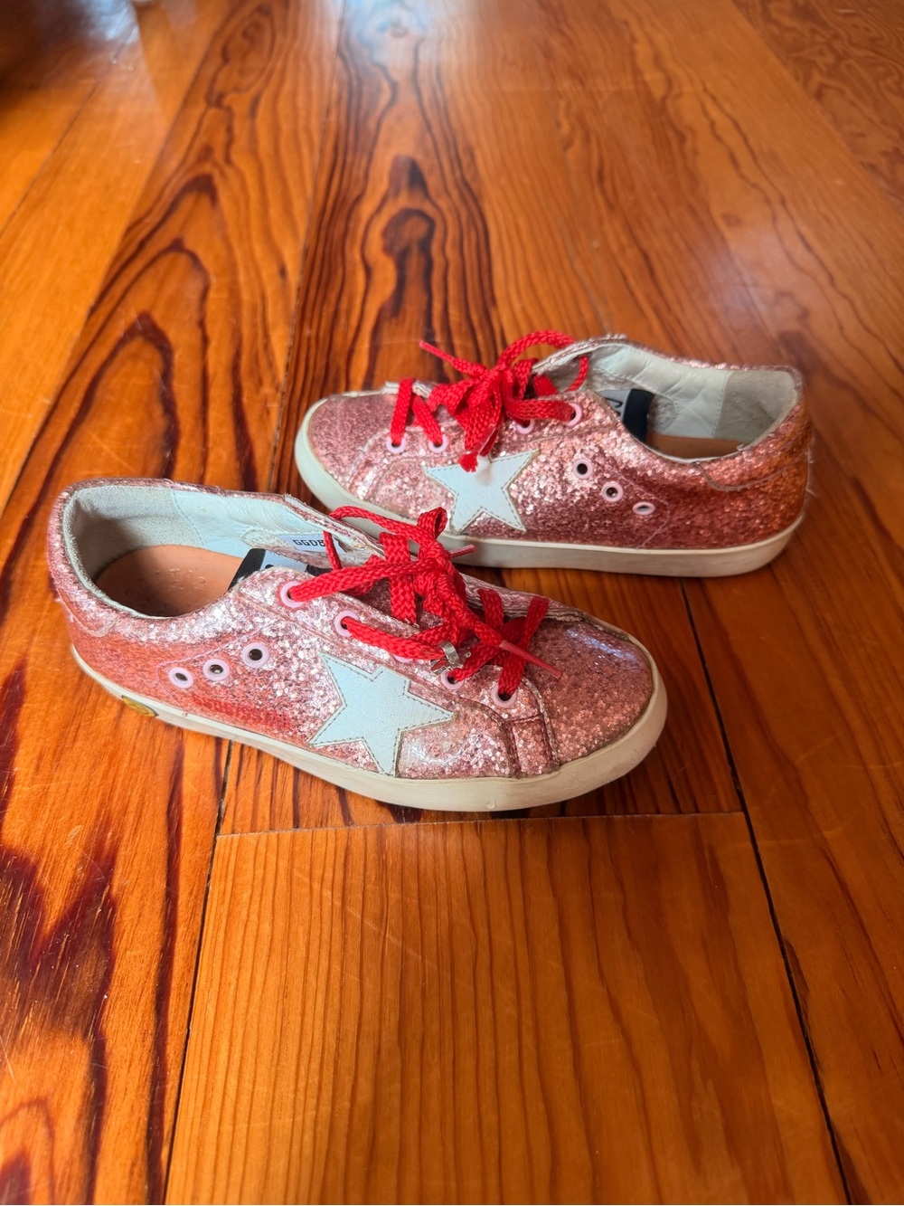 Golden Goose Kids Pink Glitter Sneakers with White Star and Red Laces